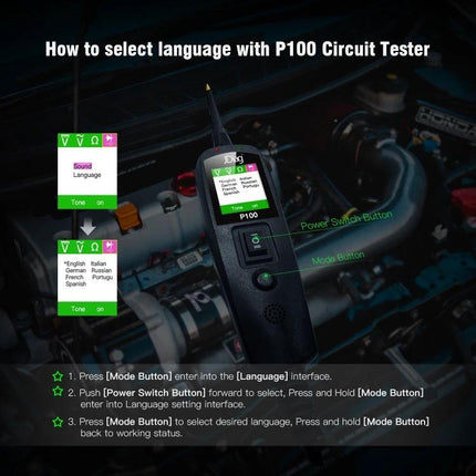 TopDiag Kit for Everyday Car Maintenance and Checks - P100 circuit tester language selection shown on device screen