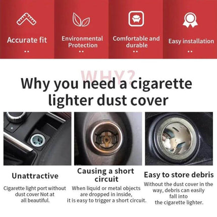 Car And Motorcycle Metal Cigarette Lighter Dust Cover showing benefits and installation examples — prevents debris, moisture and shorts in 12V sockets
