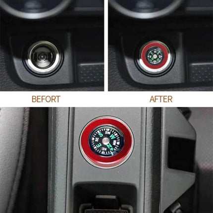 Car And Motorcycle Metal Cigarette Lighter Dust Cover installed in vehicle socket with red anodized billet aluminum finish and compass insert