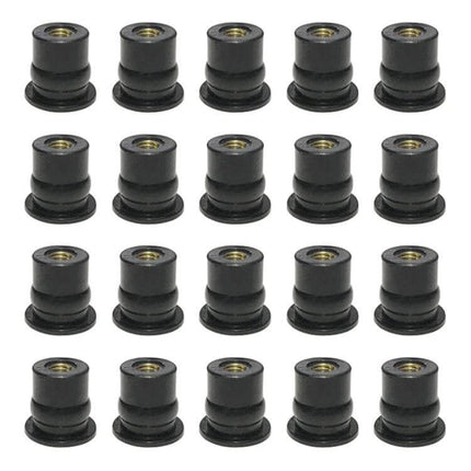 Universal Brass Nuts Set of 20 for Motorcycle Windshields black rubber insulated brass-threaded nuts for windshield mounting, 20-piece set