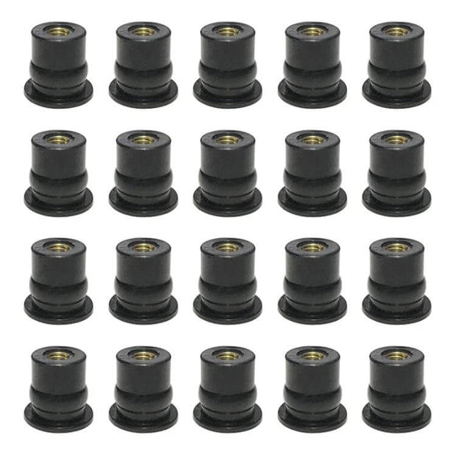 Universal Brass Nuts Set of 20 for Motorcycle Windshields black rubber insulated brass-threaded nuts for windshield mounting, 20-piece set