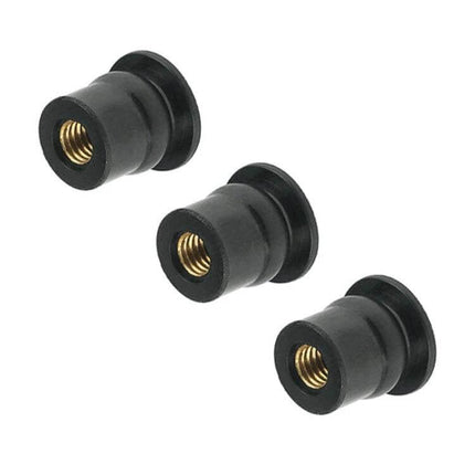 Universal Brass Nuts Set of 20 for Motorcycle Windshields - close-up of 3 black rubber-mounted brass insert nuts for windshield fasteners