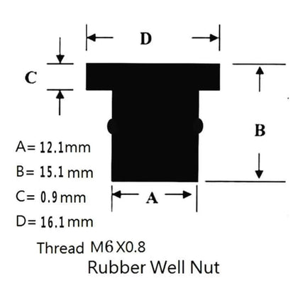 Universal Brass Nuts Set of 20 for Motorcycle Windshields rubber well nut diagram with dimensions A=12.1mm B=15.1mm C=0.9mm D=16.1mm Thread M6x0.8
