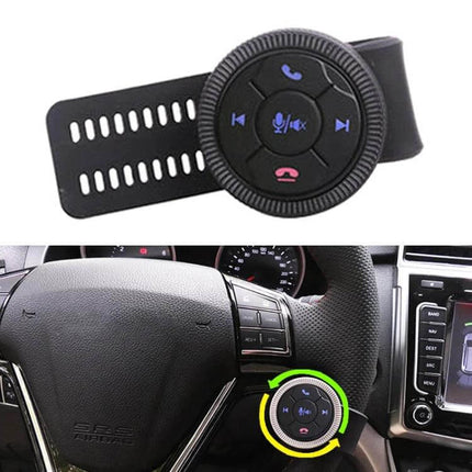 Universal Strap Shape Steering Wheel Remote Control For Car Multimedia attached to steering wheel for on-wheel media and volume control, skin-textured ABS
