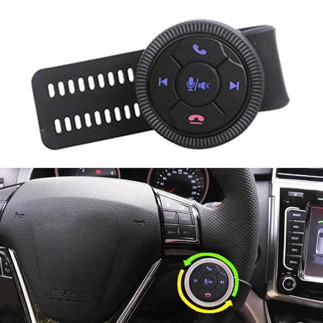 Universal Strap Shape Steering Wheel Remote Control For Car Multimedia attached to steering wheel for on-wheel media and volume control, skin-textured ABS