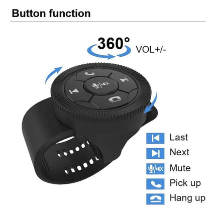 Universal Strap Shape Steering Wheel Remote Control For Car Multimedia — black strap-mounted 360° volume dial with media, mute, pick up and hang up buttons