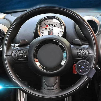 Universal Strap Shape Steering Wheel Remote Control For Car Multimedia attached to steering wheel, black ABS skin-textured strap remote for volume and media