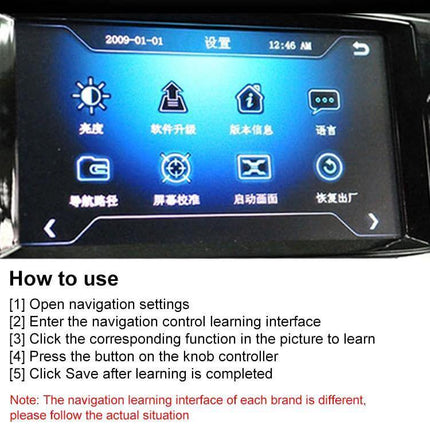 Universal Strap Shape Steering Wheel Remote Control For Car Multimedia attached to steering wheel showing navigation learning interface and usage instructions