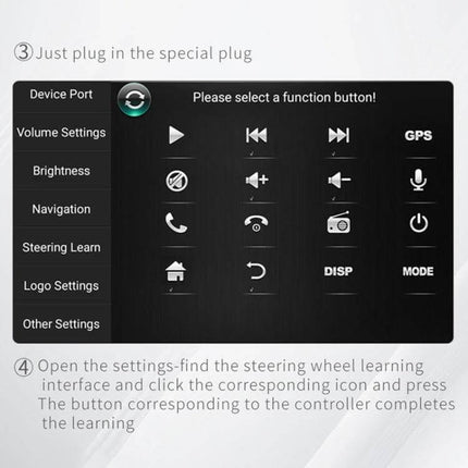 Steering Wheel Button Controller Wireless Remote for Car DVD shown with steering learn menu and function button icons for setup and mapping