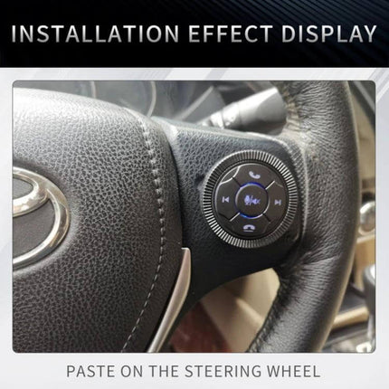 Steering Wheel Button Controller Wireless Remote for Car DVD mounted on steering wheel showing play pause volume and skip buttons with adhesive installation