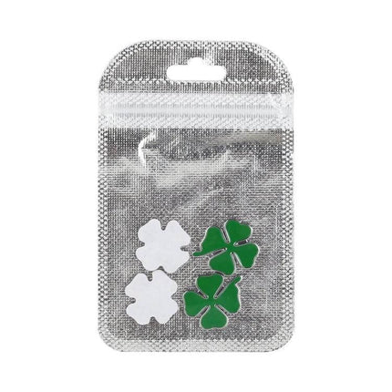 Set of 2 Metal Four Leaf Clover Car Decoration Stickers - two green clover decals and two adhesive backs in silver packaging