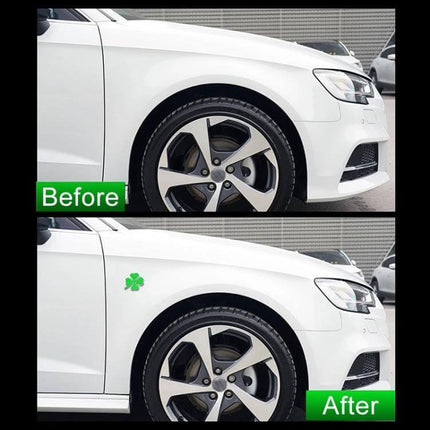Set of 2 Metal Four Leaf Clover Car Decoration Stickers on white car fender showing before and after placement