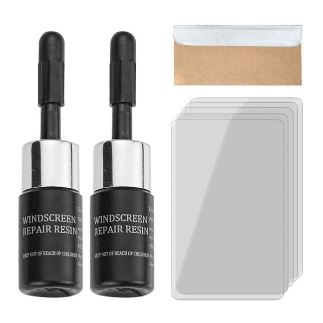 Handy Repair Fluid for Quick Car Windshield Fixes at Home - two bottles of windscreen repair resin with applicators and resin curing strips