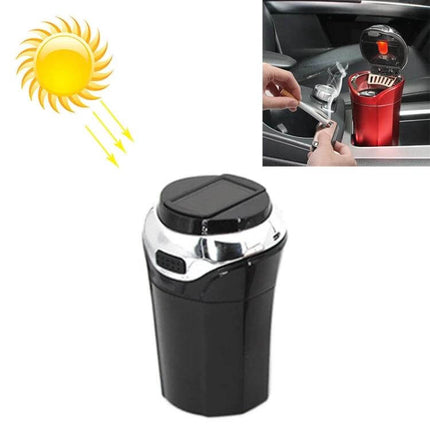 Portable Solar-Powered Car Ashtray with LED Light and Cover in black shown with lid open and built-in lighter, solar icon and in-car use