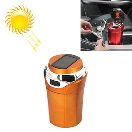 Portable Solar-Powered Car Ashtray with LED Light and Cover shown in orange cup holder with solar panel and LED-lit open cover