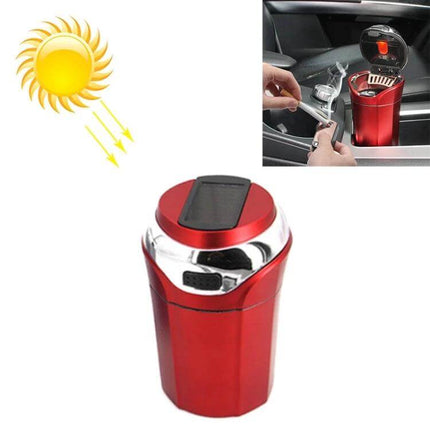Portable Solar-Powered Car Ashtray with LED Light and Cover shown in red with solar panel, LED-lit open cover and built-in lighter for car cup holder