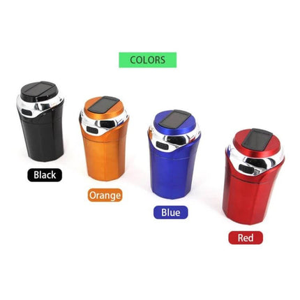 Portable Solar-Powered Car Ashtray with LED Light and Cover in black, orange, blue and red - compact car ashtray with solar panel and cover