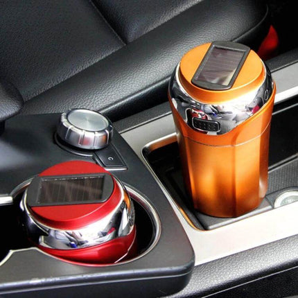 Portable Solar-Powered Car Ashtray with LED Light and Cover in car cup holders, orange and red models showing solar panel and cover