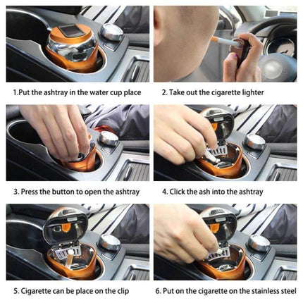 Portable Solar-Powered Car Ashtray with LED Light and Cover showing step-by-step use in car cup holder with LED, lighter, cover and ash disposal