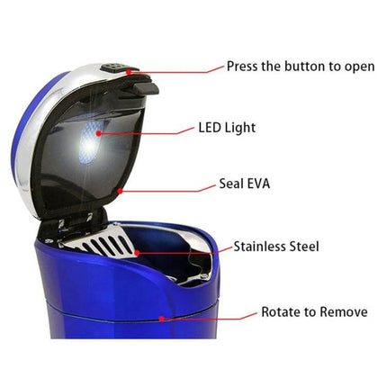 Portable Solar-Powered Car Ashtray with LED Light and Cover showing open lid, LED light, stainless steel insert and removable seal