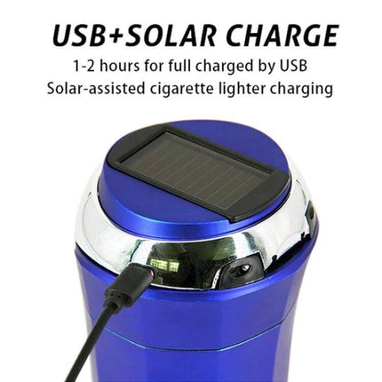 Portable Solar-Powered Car Ashtray with LED Light and Cover — blue rechargeable car ashtray with USB and solar charging port, LED cover opened
