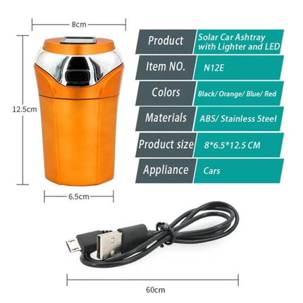 Portable Solar-Powered Car Ashtray with LED Light and Cover shown in orange with dimensions and USB charging cable