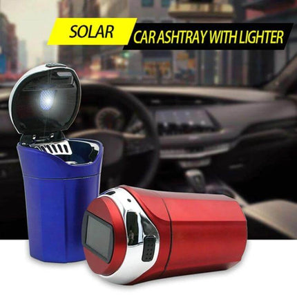 Portable Solar-Powered Car Ashtray with LED Light and Cover shown open with LED on and built-in lighter in car interior