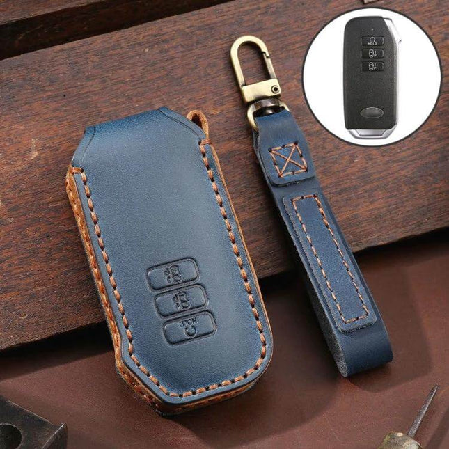 Hallmo Cowhide Leather Protective Key Cover for Kia 3-Button Keys navy blue stitched leather key case with strap
