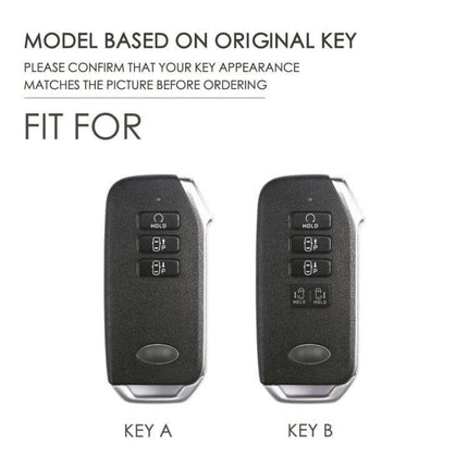 Hallmo Cowhide Leather Protective Key Cover for Kia 3-Button Keys showing fit for Key A and Key B models, genuine cowhide protection and precise button access