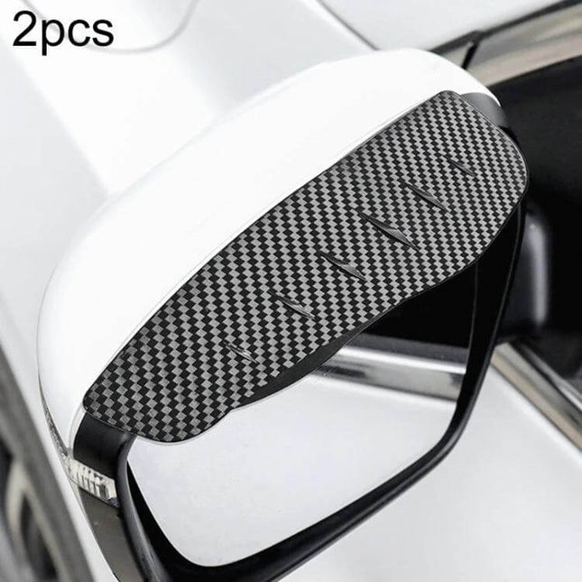 Protective Rear View Mirror Rain Shield with Carbon Fiber Design installed on car mirror to block rain and splashes