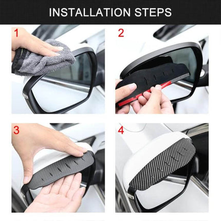Protective Rear View Mirror Rain Shield with Carbon Fiber Design installed on side mirror showing 4-step installation process
