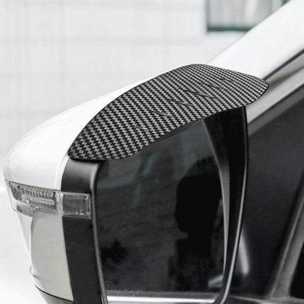 Protective Rear View Mirror Rain Shield with Carbon Fiber Design installed on car side mirror to block rain and splashes