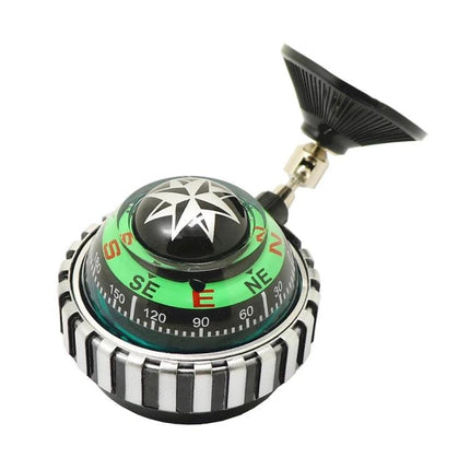 Handy Car Compass with Suction Cup for Daily Commutes mounted on dashboard, green dial and suction base