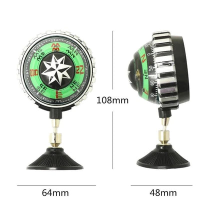 Handy Car Compass with Suction Cup for Daily Commutes mounted on dashboard showing dimensions and clear directional dial