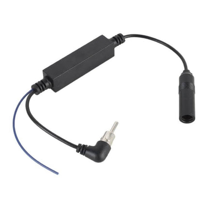 Universal Car FM Radio Antenna Signal Amplifier Booster installed inline with car antenna cable to improve FM reception and reduce static