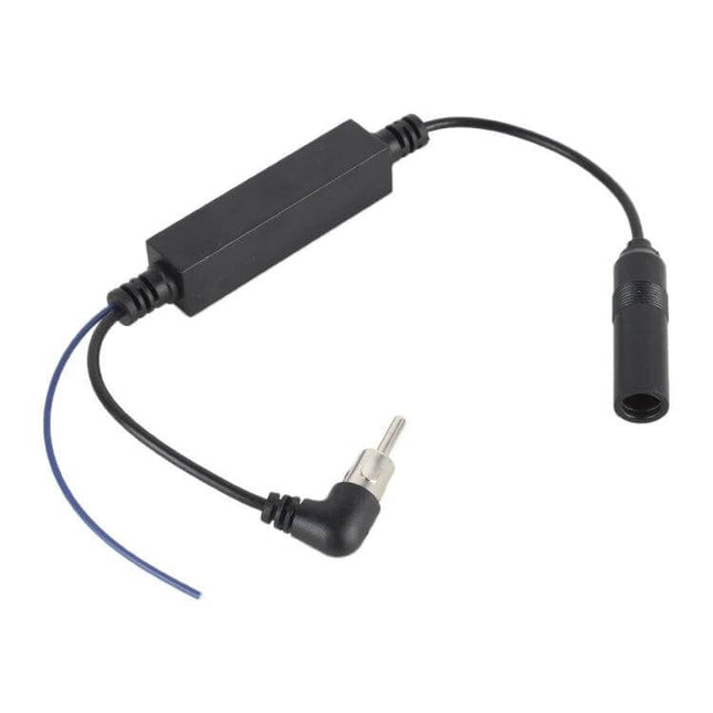 Universal Car FM Radio Antenna Signal Amplifier Booster installed inline with car antenna cable to improve FM reception and reduce static
