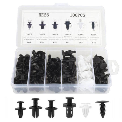 Universal Car Plastic Fasteners Rivet Clips Set 100 Pieces - assorted black and white plastic rivet clips in organized storage box for license plates, fenders, bumpers