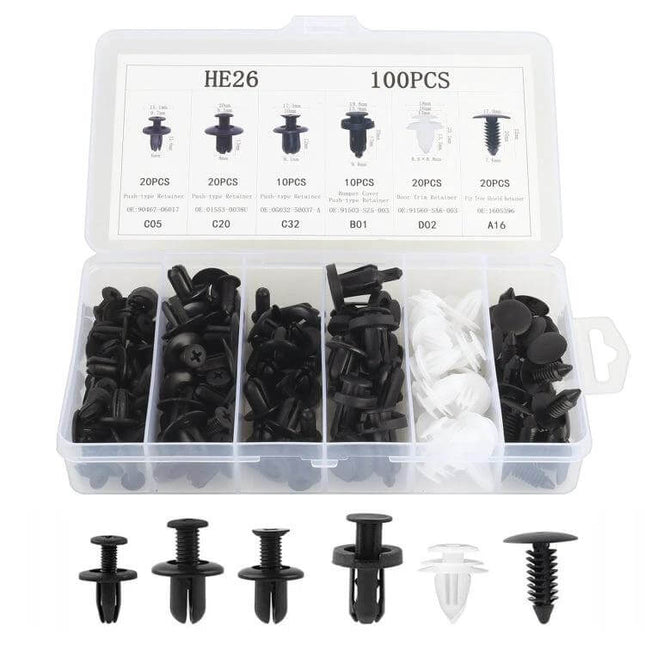 Universal Car Plastic Fasteners Rivet Clips Set 100 Pieces - assorted black and white plastic rivet clips in organized storage box for license plates, fenders, bumpers