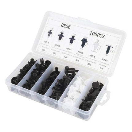Universal Car Plastic Fasteners Rivet Clips Set 100 Pieces in plastic organizer box showing assorted black and white clips for license plates, bumpers, fenders