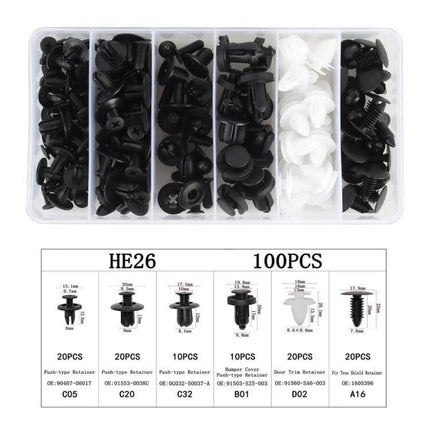 Universal Car Plastic Fasteners Rivet Clips Set 100 Pieces plastic rivet assortment kit with black and white clips in compartmentalized case