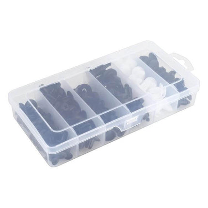Universal Car Plastic Fasteners Rivet Clips Set 100 Pieces in clear organizer box with assorted black and white plastic clips for bumpers and trim