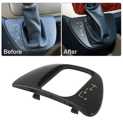 Gear Display Panel for Mercedes Benz Vito Car Interior — black ABS+PC gear shift cover, before-and-after install showing scratched OEM panel replaced (155x110mm)