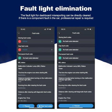 Reliable Companion for Everyday Car Maintenance and Checks OBD2 scanner app showing fault light elimination and real-time diagnostics