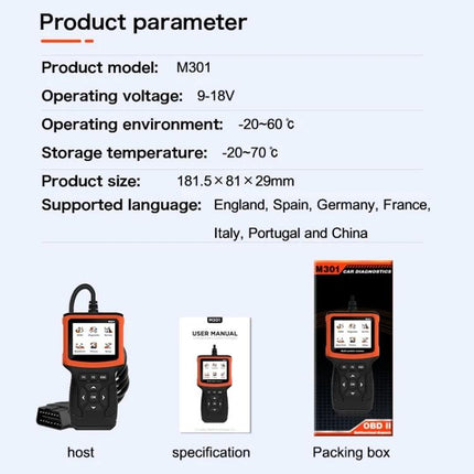 Handy Device for Everyday Car Diagnostics and Maintenance handheld OBD reader showing product parameters and packing box