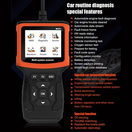 Handy Device for Everyday Car Diagnostics and Maintenance - handheld OBDII scanner showing diagnostics menu and functions