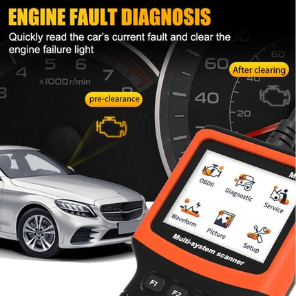 Handy Device for Everyday Car Diagnostics and Maintenance - handheld OBDII scanner showing diagnostics screen next to sedan and engine fault icon