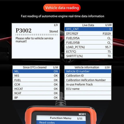 Handy Device for Everyday Car Diagnostics and Maintenance showing live DTC P3002 readout and vehicle data on screen