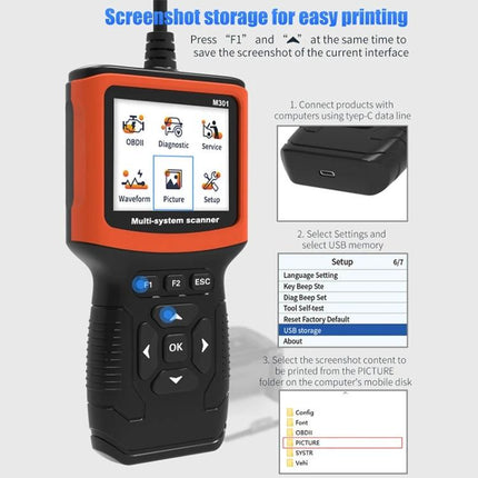 Handy Device for Everyday Car Diagnostics and Maintenance - orange handheld OBDII multi-system scanner showing menu and USB storage feature