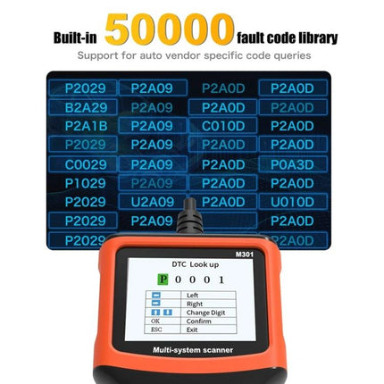 Handy Device for Everyday Car Diagnostics and Maintenance multi-system OBD2 scanner showing built-in 50000 fault code library