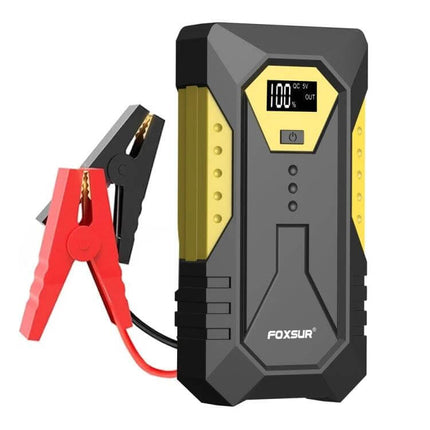 FOXSUR Portable Emergency Car Jump Starter Power Supply compact jump starter with LED display and red/black clamps for vehicle and device charging